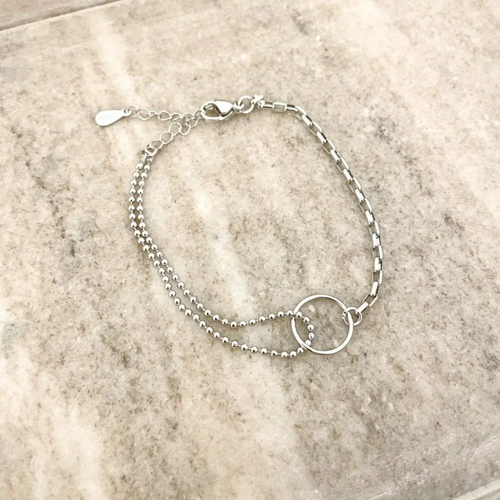 925 Sterling Silver Dainty Circle Bracelet Minimalist Asymmetric Chain Bracelet - Picture 3 of 4